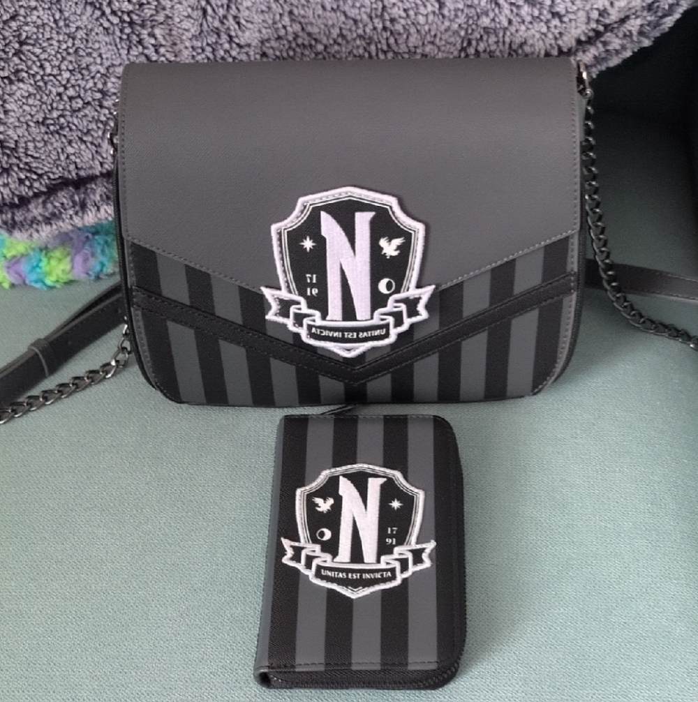 Loungefly Wednesday Nevermore Black & Gray Striped Shoulder Bag and Wallet Set